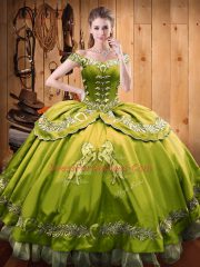 Cheap Olive Green Satin and Organza Lace Up Off The Shoulder Sleeveless Floor Length Sweet 16 Quinceanera Dress Beading and Embroidery