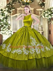 Sleeveless Satin and Tulle Floor Length Clasp Handle 15th Birthday Dress in Olive Green with Embroidery