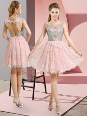 Baby Pink Empire Beading Prom Evening Gown Backless Lace Cap Sleeves Mini Length