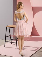 Baby Pink Empire Beading Prom Evening Gown Backless Lace Cap Sleeves Mini Length