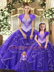 Most Popular Purple Sleeveless Floor Length Beading and Ruffles Lace Up Quinceanera Gown