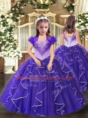 Most Popular Purple Sleeveless Floor Length Beading and Ruffles Lace Up Quinceanera Gown