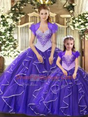 Most Popular Purple Sleeveless Floor Length Beading and Ruffles Lace Up Quinceanera Gown