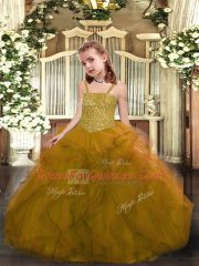 High End Olive Green Child Pageant Dress Party and Sweet 16 and Quinceanera and Wedding Party with Beading and Ruffles Straps Sleeveless Lace Up