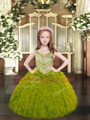 Latest Olive Green Lace Up Child Pageant Dress Beading and Ruffles Sleeveless Floor Length