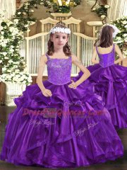 High End Eggplant Purple and Purple Straps Neckline Beading Pageant Dress for Teens Sleeveless Lace Up