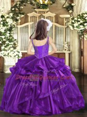 High End Eggplant Purple and Purple Straps Neckline Beading Pageant Dress for Teens Sleeveless Lace Up