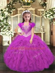 Floor Length Lace Up High School Pageant Dress Fuchsia for Party and Sweet 16 and Quinceanera and Wedding Party with Beading and Ruffles