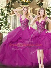 Fantastic Fuchsia Sleeveless Organza Lace Up Quinceanera Gown for Military Ball and Sweet 16 and Quinceanera