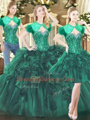 Inexpensive Floor Length Lace Up Quinceanera Dress Dark Green for Military Ball and Sweet 16 and Quinceanera with Beading and Ruffles