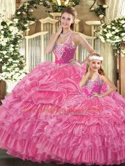 Sumptuous Rose Pink Sleeveless Tulle Lace Up Sweet 16 Dresses for Military Ball and Sweet 16 and Quinceanera
