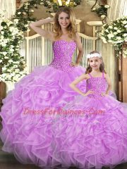 Organza Sweetheart Sleeveless Lace Up Beading and Ruffles Sweet 16 Quinceanera Dress in Lilac