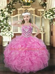 Best Sleeveless Organza Floor Length Lace Up Little Girl Pageant Dress in Rose Pink with Beading and Ruffles