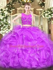 Clearance Floor Length Lilac Quinceanera Gowns Tulle Sleeveless Beading and Ruffles