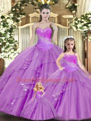 Custom Design Sweetheart Sleeveless Lace Up Quinceanera Gowns Lilac Lace