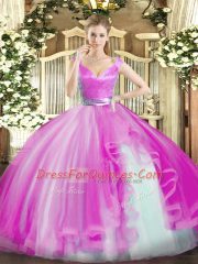 Latest Fuchsia V-neck Neckline Beading and Ruffles Quinceanera Gown Sleeveless Zipper