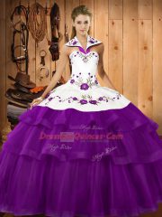 Admirable Purple Ball Gowns Embroidery and Ruffled Layers Quinceanera Dresses Lace Up Organza Sleeveless