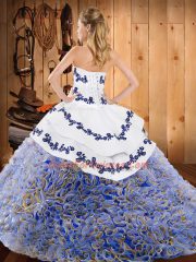 Multi-color Sleeveless Satin and Fabric With Rolling Flowers Sweep Train Lace Up Sweet 16 Quinceanera Dress for Military Ball and Sweet 16 and Quinceanera