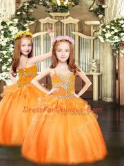 Cute Orange Little Girls Pageant Dress Wholesale Party and Quinceanera with Beading Spaghetti Straps Sleeveless Lace Up