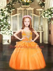 Cute Orange Little Girls Pageant Dress Wholesale Party and Quinceanera with Beading Spaghetti Straps Sleeveless Lace Up