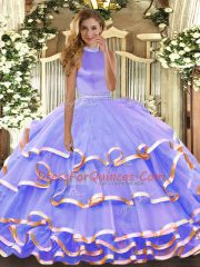 Flare Floor Length Backless 15 Quinceanera Dress Lavender for Military Ball and Sweet 16 and Quinceanera with Beading and Ruffled Layers