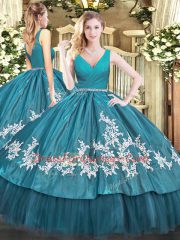 Teal Ball Gowns Tulle V-neck Sleeveless Beading and Appliques Floor Length Zipper Quinceanera Gown