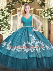 Teal Ball Gowns Tulle V-neck Sleeveless Beading and Appliques Floor Length Zipper Quinceanera Gown