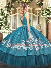 Teal Ball Gowns Tulle V-neck Sleeveless Beading and Appliques Floor Length Zipper Quinceanera Gown