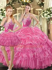 Super Hot Pink Lace Up Straps Beading and Ruffles and Pick Ups Quinceanera Gown Tulle Sleeveless