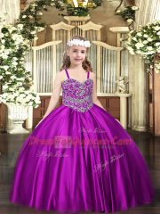 Purple Straps Neckline Beading Little Girls Pageant Gowns Sleeveless Lace Up