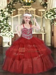 Most Popular Wine Red Straps Neckline Beading and Ruffled Layers Custom Made Pageant Dress Sleeveless Lace Up