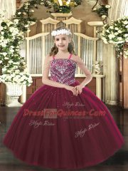 Burgundy Tulle Lace Up Straps Sleeveless Floor Length Little Girls Pageant Gowns Beading