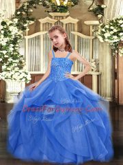 Discount Blue Ball Gowns Beading and Ruffles Little Girl Pageant Gowns Lace Up Organza Sleeveless Floor Length