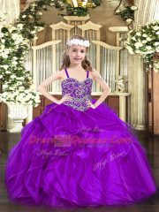 Excellent Purple Sleeveless Floor Length Beading and Ruffles Lace Up Little Girl Pageant Dress
