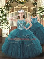 Organza Straps Sleeveless Lace Up Beading and Ruffles Little Girl Pageant Dress in Teal