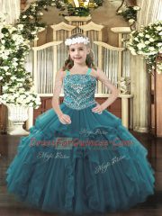 Organza Straps Sleeveless Lace Up Beading and Ruffles Little Girl Pageant Dress in Teal