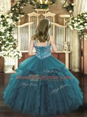 Organza Straps Sleeveless Lace Up Beading and Ruffles Little Girl Pageant Dress in Teal