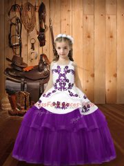 Unique Eggplant Purple Straps Lace Up Beading and Embroidery Kids Formal Wear Sleeveless