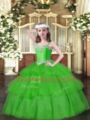 Green Sleeveless Beading and Ruffled Layers Floor Length Kids Pageant Dress