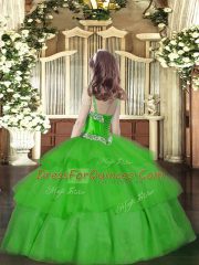 Green Sleeveless Beading and Ruffled Layers Floor Length Kids Pageant Dress