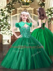 Affordable Dark Green Girls Pageant Dresses Party and Quinceanera with Beading Straps Sleeveless Lace Up