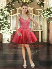 Coral Red Three Pieces Beading Quince Ball Gowns Lace Up Tulle Sleeveless Floor Length