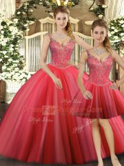 Coral Red Three Pieces Beading Quince Ball Gowns Lace Up Tulle Sleeveless Floor Length