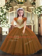 Brown Lace Up Straps Beading Pageant Gowns For Girls Tulle Sleeveless