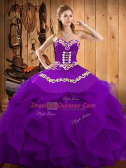 Purple Sweetheart Lace Up Embroidery and Ruffles Quinceanera Gowns Sleeveless