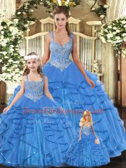 Baby Blue Ball Gowns Beading and Ruffles Sweet 16 Quinceanera Dress Lace Up Tulle Sleeveless Floor Length
