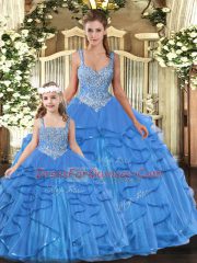 Baby Blue Ball Gowns Beading and Ruffles Sweet 16 Quinceanera Dress Lace Up Tulle Sleeveless Floor Length