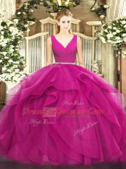 Lovely Fuchsia Tulle Zipper V-neck Sleeveless Floor Length Quinceanera Dress Beading and Ruffles