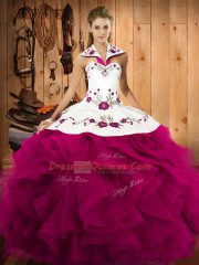 Attractive Tulle Halter Top Sleeveless Lace Up Embroidery and Ruffles Quinceanera Gowns in Fuchsia