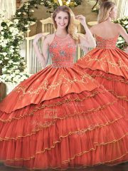 Halter Top Sleeveless Satin and Organza Quinceanera Gowns Beading and Embroidery and Ruffles Zipper
